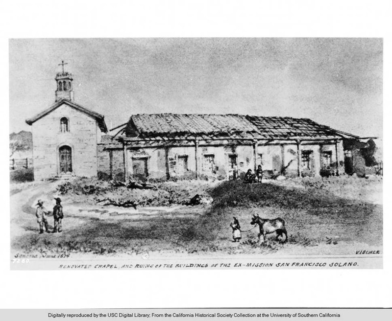 A photograph of a sketch by Edward Vischer in 1874. Vischer was one of the most prolific artists of the California missions in the 1800s, and one of the best visual resources for research on the topic (USC Digital Collections).