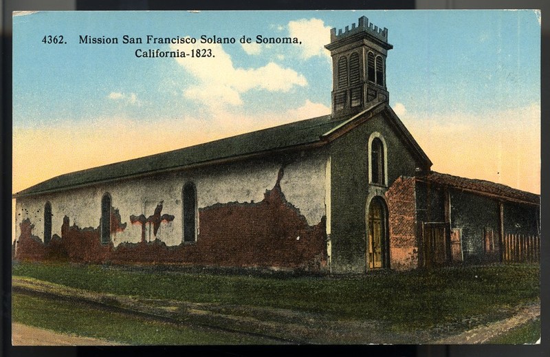 A postcard of the Mission from 1914 shows the neglected state of the whitewashed adobe walls (Smithsonian).