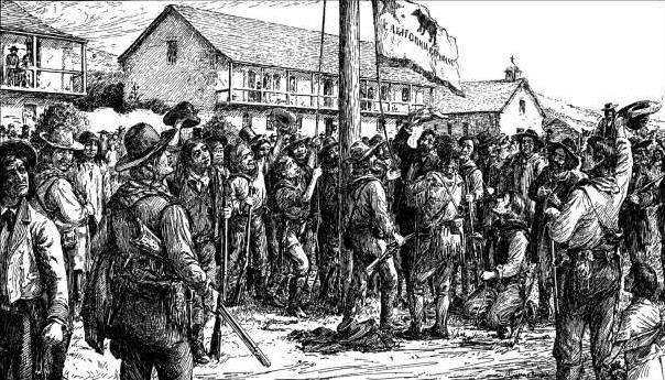 Drawing of the raising of the Bear Flag