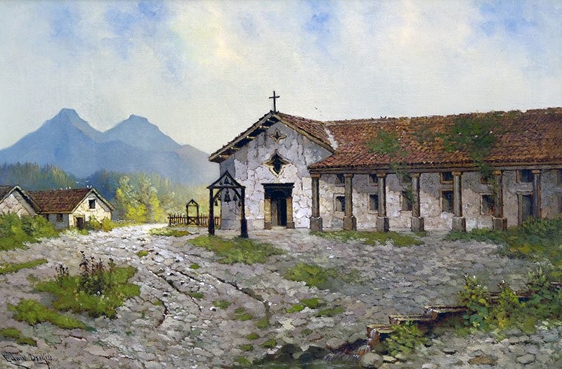 A contemporary painting of San Rafael. Since it was not originally conceived as a mission, San Rafael lacked a belltower. Its bells were instead hung on a wooden frame near the front entrance (CA Mission Foundation).