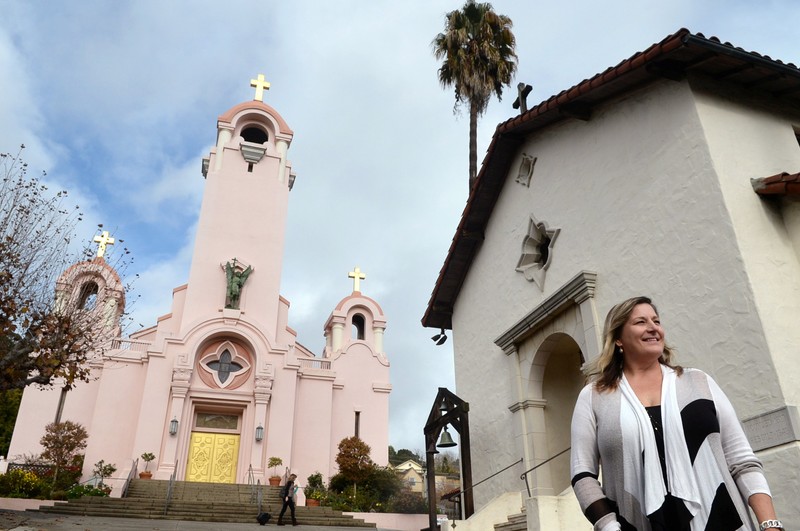 The Mission chapel (r) is adjacent to a present-day Catholic church. President Abraham Lincoln returned the mission's lands to the Catholic Church in 1862.