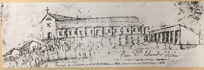 General Mariano Vallejo's 1878 sketch of the Mission as it may have looked in 1831, and the most important visual source in creating the replica chapel of 1949 (Claremont Colleges).