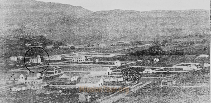 1862 photo of the San Rafael area in a local newspaper. The building in the red circle was the first parish church built over the ruin of the original mission. 