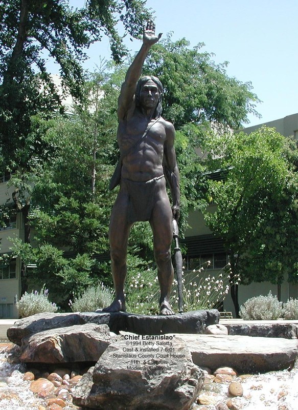 A 1994 statue of Estanislao in nearby Modesto, who led a cross-tribal alliance of roughly 4,000 California Native Americans against the Spanish. A former neophyte himself, he was eventually defeated in 1829.