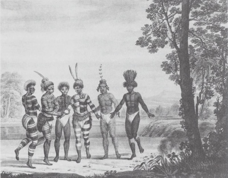 A sketch made in 1806 of Mission San Jose Natives during a ceremonial dance, as drawn by German explorer Georg Heinrich von Langsdorff (courtesy of the Bancroft Library).