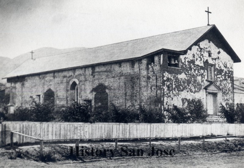 Another view of the Mission's chapel sometime before the 1868 earthquake. Much of the whitewash on the walls has been lost (HistorySanJose.org)