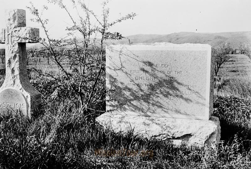 A 1915 memorial to the Ohlone Tribe that had was the backbone the mission's original construction, and which was largely decimated by European colonization. The memorial resides on a nearby hillside.