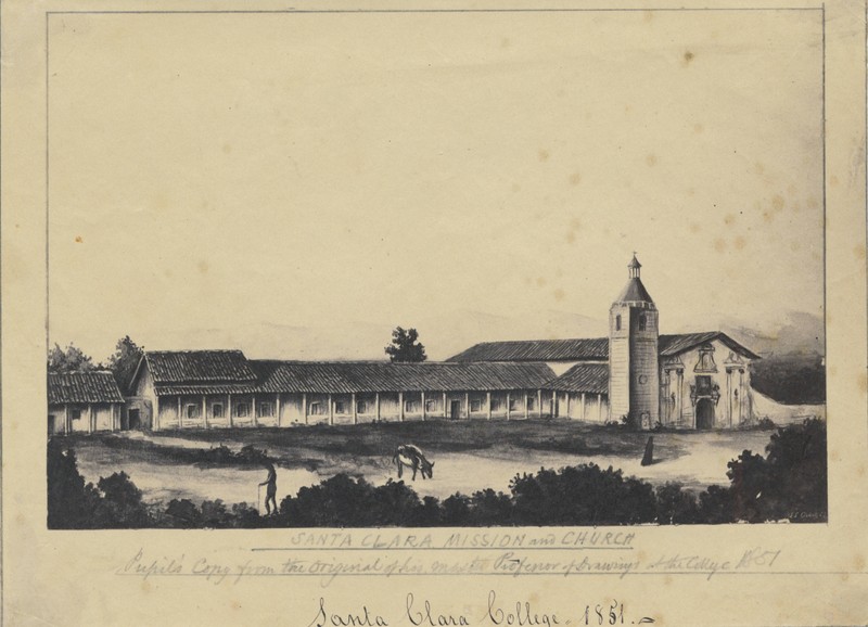 The Santa Clara Mission and Church as it appeared in 1851 (Claremont Colleges).