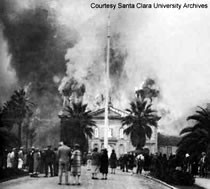 The 1926 fire that destroyed the mission/chapel was caused by faulty electrical wiring. (Courtesy of Santa Clara University).