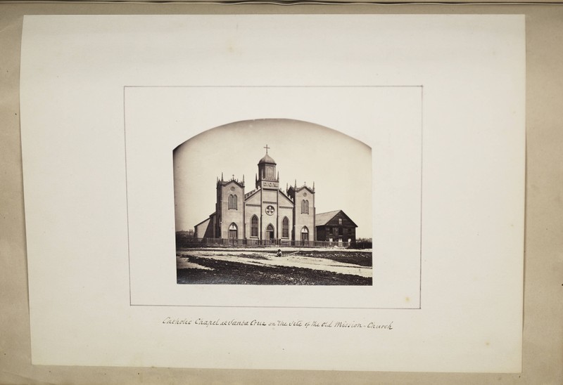 An 1870s photograph of the Catholic church built on the site of the Mission, taken by German artist and photographer Edward Vischer (Claremont Colleges).