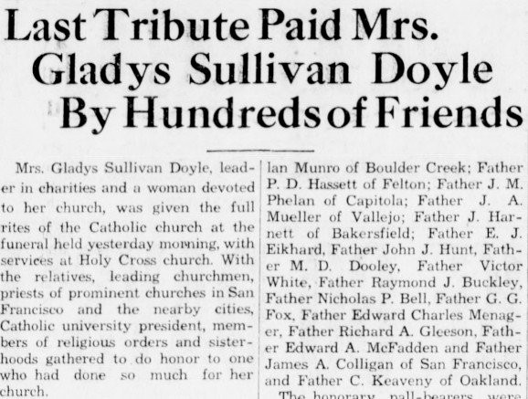 A newspaper clipping from July 6, 1933, describing the funeral of Gladys Sullivan Doyle at the replica mission the previous day. Doyle donated all costs for the reconstruction during the previous two years, on the condition that she be buried at the new c