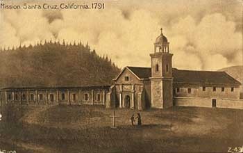 An 1850s painting by Leon Trousset which still hangs today in the mission. As the oldest illustration of Santa Cruz, it was instrumental in creating the present-day scale replica.