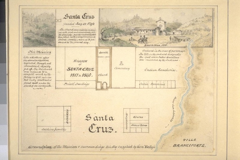 An 1878 sketch of Mission Santa Cruz's layout. By this time, most of the original structures had fallen victim to multiple earthquakes.