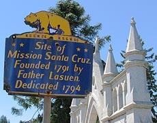 A marker delineates the site of the original mission near the present-day replica.