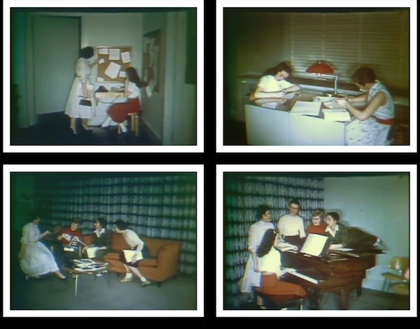 Color Photo. From top left, Young women checking messages, studying, gathered around a grand piano, chatting on the couch.