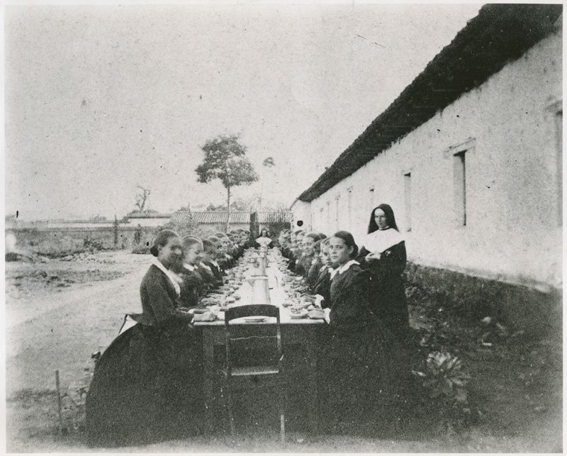 A girls' class at San Juan Bautista's Catholic school in the 1860s (CA State Library).