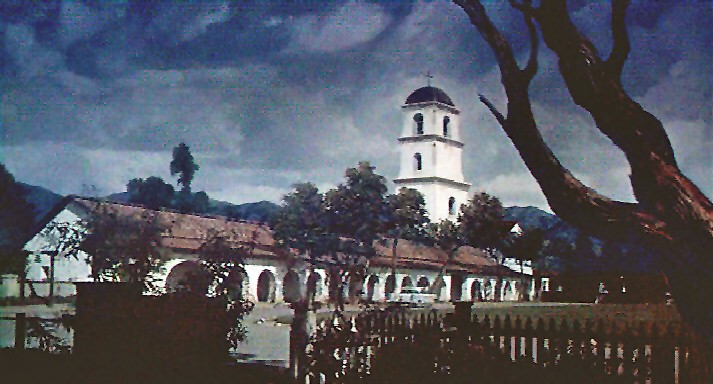Mission with steeple reconstructed by Hitchcock for the film.
