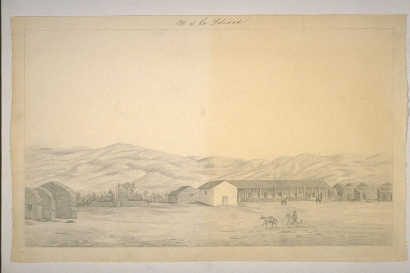 Henry Miller's sketch of Soledad in 1856. His description of the mission's decrepitude aptly summarizes it's condition for much of the next century, before it was restored with funds from the Native Daughters of the Golden West in thr 1950s.