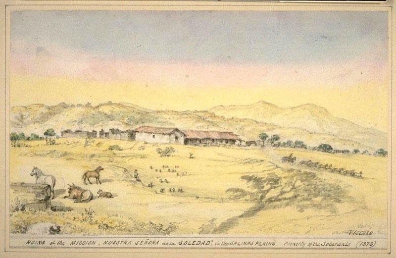 Edward Vischer's depiction of the mission in 1873. The white chapel at the center was the only building consistently maintenanced after ownership passed out of Franciscan hands in thr 1830s.