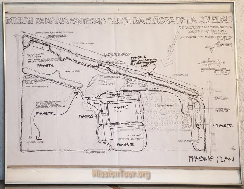 Map of phasing plan for restoration of Mission Soledad, currently displayed on the museum wall. With further funds, more of the mission can be rebuilt.