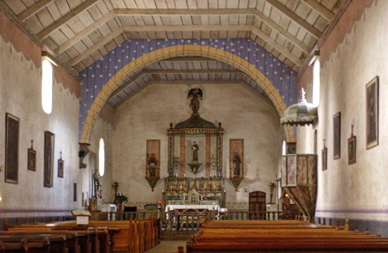 The interior of the church itself. Some of the walls were once decorated with paintings by the Indian neophytes.