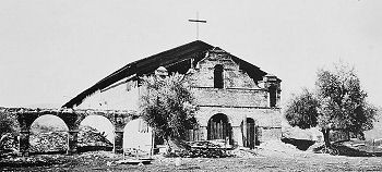 The mission in 1910 following restoration by the California Historic Landmarks League. It took several years to restore just the church--the rest of the buildings would not be rebuilt until 1948-1952.