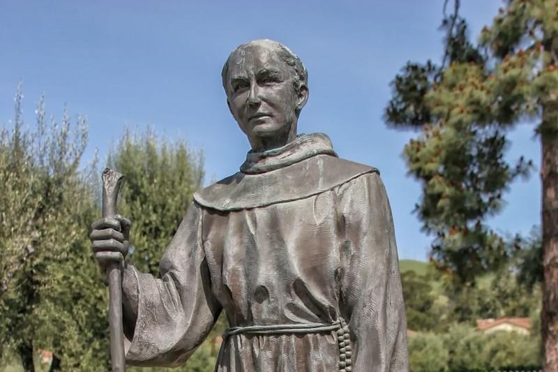 A statue depicting San Miguel Arcangel's founder, Padre Lasuen, at Mission San Jose in Fremont, California. Photo by Betsy Malloy.