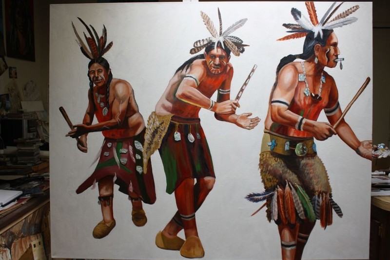 A depiction of Salinan and Ohlone dancers, in a contemporary painting by William Hatcher (source below). Hatcher has finished a number of paintings of San Miguel Arcangel and related subjects.