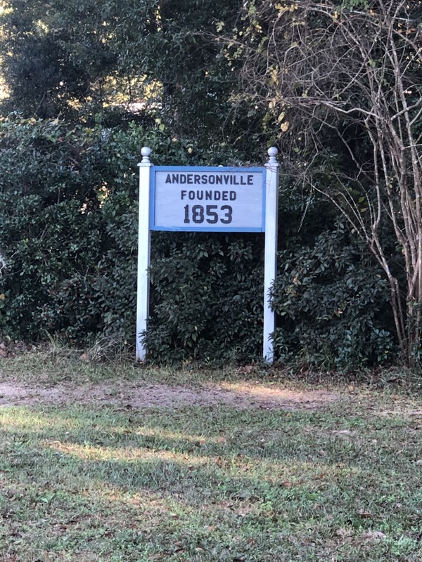 This sign stands next to the Andersonville Town Hall, which soldiers would pass on the march to the prison camp. 