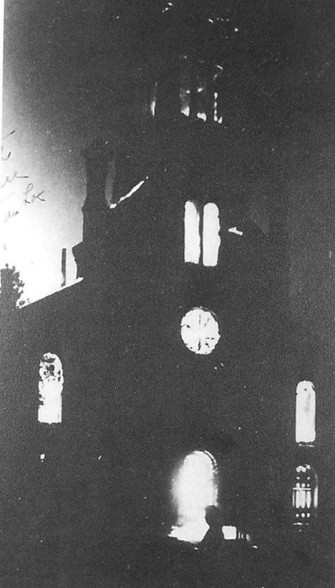 St. Joseph's Church lit up by fire on the night of September 24-25, 1908.