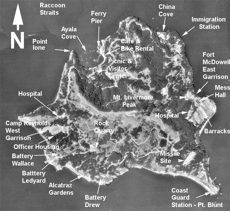 1950s/1960s aerial photo of Angel Island, its geographical features and military points of interest