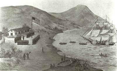 Though inaccurate, this sketching made soon after the battle, shows the flag raising in Yerba Buena