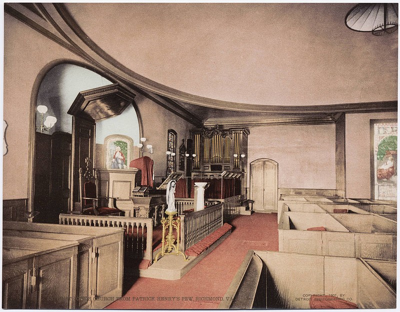 Interior of the church in 1901 as seen from "Patrick Henry's Pew." Courtesy of Beinecke Rare Book & Manuscript Library at Yale University