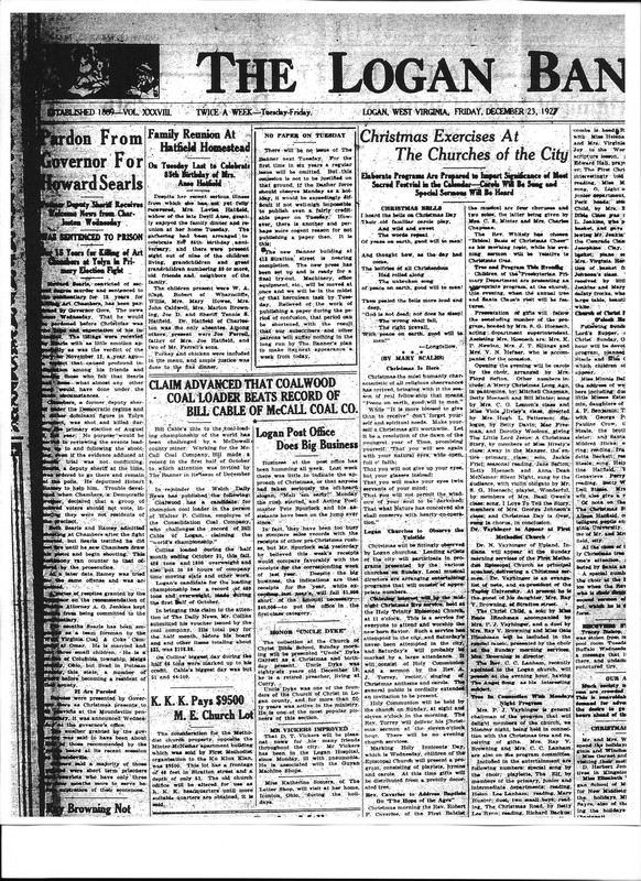 1927 Logan Banner Article describing the Klan's purchase of the property  from the church. 