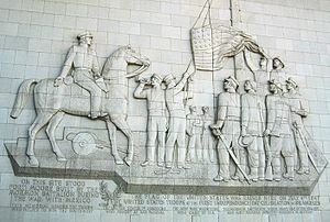 Section of Fort Moore Pioneer Memorial showing raising of American flag in 1847. The flag was raised by the Mormon Battaltion