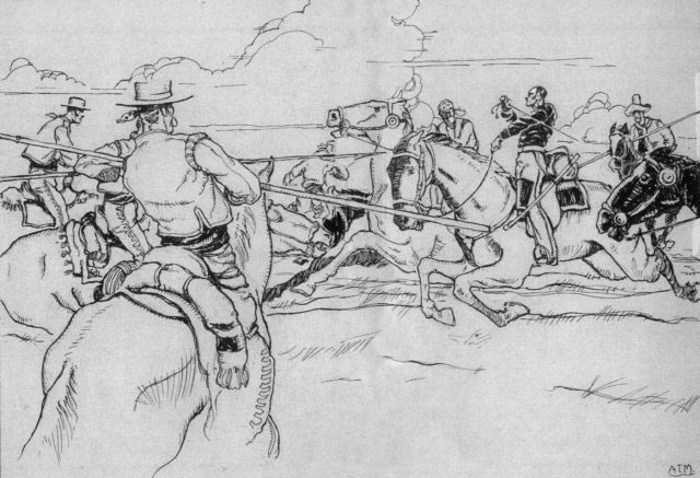 Scene depicting Capt. Gillespie fighting off lancers that surrounded him