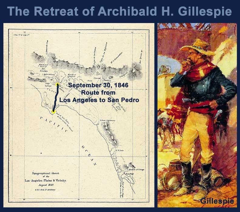 Route of Gillespie and the American force after retreating from Los Angeles. Battle of Dominguez would commence shortly after. 