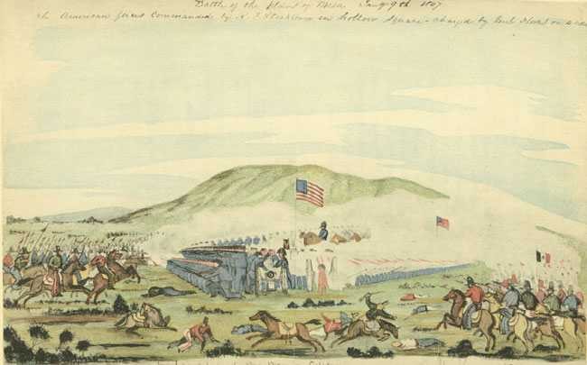 Drawing of Battle of La Mesa made shortly afterward by a soldier who participated. Kearny is seen on a horse, commanding the battle as the Mexicans failed to break through while charging on both flanks of the Americans. 