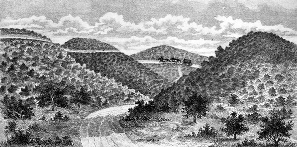 undated early drawing of the portion of the Cahuenga Pass where battle is believed to have been fought