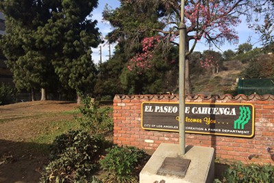 marker alongside Cahuenga Blvd and entrance to El Paseo de Cahuenga Park about the battle