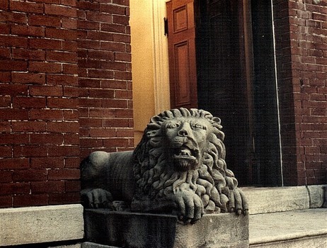 One of the two carved lions protecting the front entrance of Sauer Castle