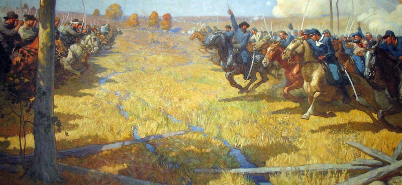 The climax of the Battle of Westport at Brush Creek in a fanciful painting by N.C. Wyeth at the Missouri State Capital. Though cavalry charges did take place, much of the fighting was dismounted. Some units lacked sabers altogether.