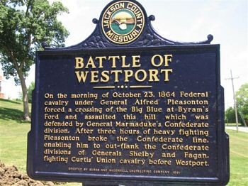 Battle of Westport Historical Marker. Dozens of markers throughout Big Blue Battlefield Park, Kansas City, and Independence chart the progression of events surrounding the Battle of Westport. 