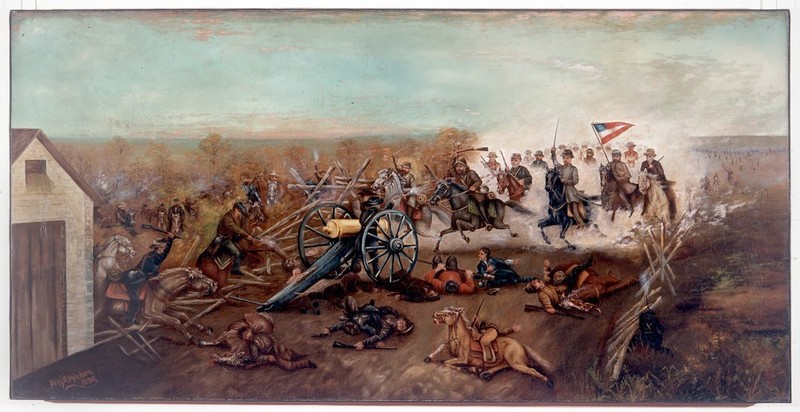 A painting of Capt. Ross Burns's Union artillery in action at Mockbee's Farm on Oct. 22, 1864. Burns may have had the painting done by Benjamin Mileham to commemorate his cannon's contribution to the fight, though they were eventually overrun.