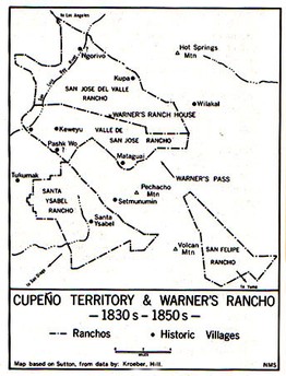 1851 map showing Warner's Ranch, modern-day Warner Springs. This was the general area where the 11 lancers were taken to be killed by the Luiseno Indians.