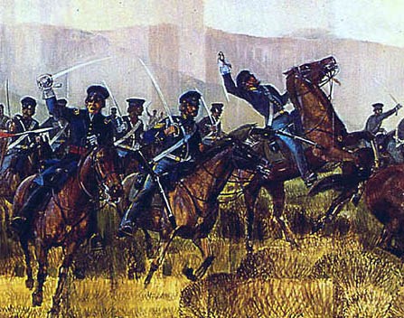 Rendition of American dragoons charging during battle