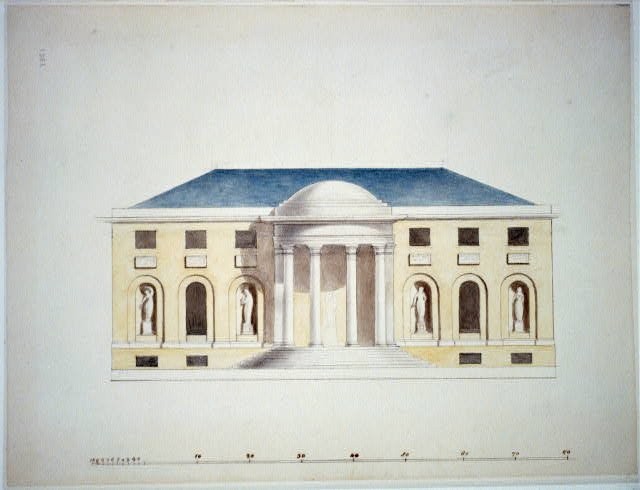 An architectural drawing by Dr. William Thornton, who designed notable buildings in Washington, D.C. such as the United States Capitol and Octagon House. Library of Congress.