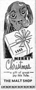 Drawing of dog holding wrapped present, Merry Christmas from the Malt Shop