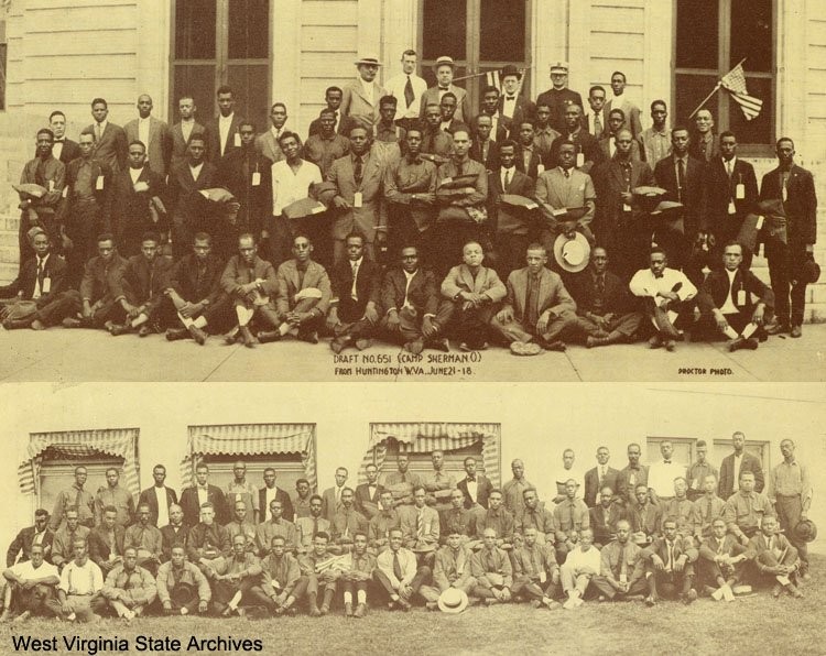 Top: Draft No. 651, from Huntington before leaving for Camp Sherman, Ohio, June 21, 1918; Bottom: Huntington men before leaving for Camp Custer, Michigan, August 5, 1918, Huntington. Photo courtesy of the West Virginia State Archives. 