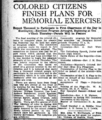 Herald-Dispatch article from May 17, 1918. Lists names of African American Huntingtonians serving in World War I and young men recently sent off for basic training. 